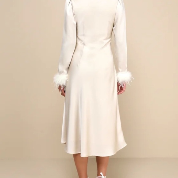 Lulus Precious Aura Champagne Satin Feather Long Sleeve Midi Dress - Picture 3 of 4